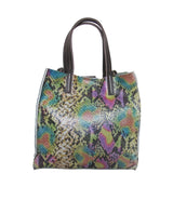 Side angle of python embossed handbag, multi-color