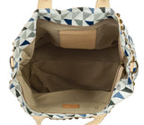 Interior view of the Italian geometric handbag, showcasing spacious compartments, durable canvas lining, and leather details. Practical and stylish design.