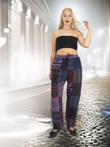 Ethically handmade Boho Cotton Pants with a patchwork design in purple hues. Unisex, relaxed fit, and ideal for casual or festival wear.