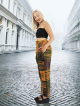 Fair trade boho cotton patchwork pants in earthy orange hues. Lightweight and breathable, perfect for casual, artistic, and hippie fashion styles.