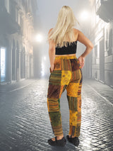 Relaxed fit boho cotton patchwork pants with intricate patterns. Handmade and unisex, these eco-friendly pants are perfect for casual wear.