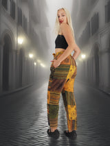 Handcrafted boho patchwork pants in soft cotton fabric. Featuring a drawstring waist and relaxed fit, ideal for artistic and hippie fashion lovers.