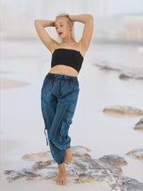 Stylish boho yoga pants in blue cotton fabric