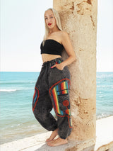 Gray rainbow boho cotton hippie yoga pants by the sea