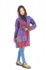 Handmade Patchwork Boho Hoodie 100% Pre-Washed Cotton Blue Purple Tones S-M-L-XL