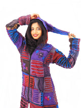 Handmade Patchwork Boho Hoodie 100% Pre-Washed Cotton Blue Purple Tones S-M-L-XL