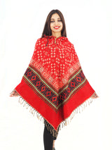 Handmade Hand Loomed Yak Wool Large Shawl Hooded Poncho Red