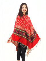 Handmade Hand Loomed Yak Wool Large Shawl Hooded Poncho Red