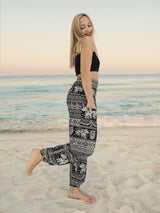 Unisex Harem Yoga Hippie Boho Pants in Black With Elephant Print