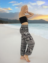 Unisex Harem Yoga Hippie Boho Pants in Black With Elephant Print