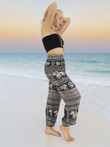 Unisex Harem Yoga Hippie Boho Pants in Black With Elephant Print