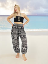Unisex Harem Yoga Hippie Boho Pants in Black With Elephant Print