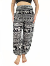 Unisex Harem Yoga Hippie Boho Pants in Black With Elephant Print