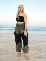Unisex Harem Yoga Hippie Boho Pants in Black And White With Mandala Print