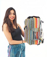 Handmade boho backpack with colorful tribal patterns, stylish hippie handbag and school bag for travel.