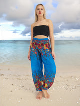 Unisex Harem Yoga Hippie Boho Pants Blue And Red Floral Print