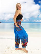 Unisex Harem Yoga Hippie Boho Pants Blue And Red Floral Print