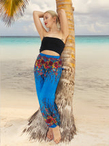 Unisex Harem Yoga Hippie Boho Pants Blue And Red Floral Print