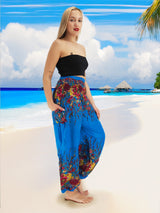 Unisex Harem Yoga Hippie Boho Pants Blue And Red Floral Print