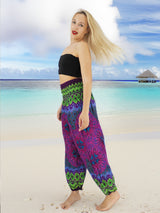 Unisex Harem Yoga Hippie Boho Pants in Purple With Green Print