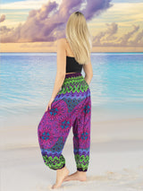 Unisex Harem Yoga Hippie Boho Pants in Purple With Green Print