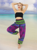 Unisex Harem Yoga Hippie Boho Pants in Purple With Green Print