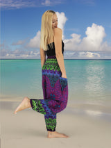 Unisex Harem Yoga Hippie Boho Pants in Purple With Green Print