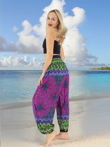 Unisex Harem Yoga Hippie Boho Pants in Purple With Green Print