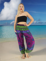 Unisex Harem Yoga Hippie Boho Pants in Purple With Green Print
