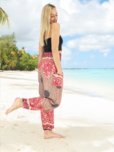 Unisex Harem Yoga Hippie Boho Pants in Pink With Blue Floral Print