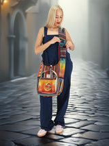 Fair trade handmade hippie handbag with intricate embroidery and adjustable strap, worn by a model adjusting the bag's opening.