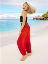 Unisex Harem Yoga Hippie Boho Pants Red And Orange With Peacock Print