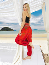 Unisex Harem Yoga Hippie Boho Pants Red And Orange With Peacock Print