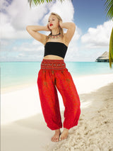 Unisex Harem Yoga Hippie Boho Pants Red And Orange With Peacock Print