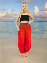 Unisex Harem Yoga Hippie Boho Pants Red And Orange With Peacock Print