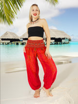 Unisex Harem Yoga Hippie Boho Pants Red And Orange With Peacock Print