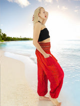 Unisex Harem Yoga Hippie Boho Pants Red And Orange With Peacock Print