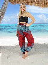 Unisex Harem Yoga Hippie Boho Pants in Dark Red With Blue Mandala Print