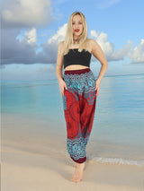 Unisex Harem Yoga Hippie Boho Pants in Dark Red With Blue Mandala Print