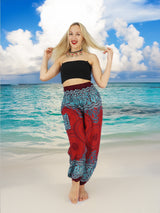 Unisex Harem Yoga Hippie Boho Pants in Dark Red With Blue Mandala Print