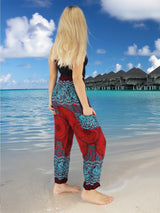 Unisex Harem Yoga Hippie Boho Pants in Dark Red With Blue Mandala Print