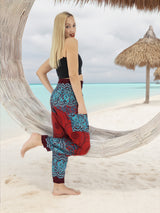 Unisex Harem Yoga Hippie Boho Pants in Dark Red With Blue Mandala Print