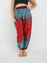 Unisex Harem Yoga Hippie Boho Pants in Dark Red With Blue Mandala Print