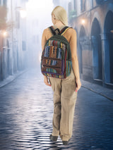 Handwoven cotton hemp backpack with a unique tribal design, worn by a model in a European-style alley. A perfect blend of fashion and practicality.