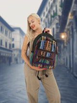 Large handmade cotton hemp backpack with a front zipper pocket, held by a smiling model. A trendy and eco-friendly choice for students and travelers.