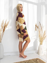 Handmade Patchwork Boho Dress Bell Sleeves 100% Pre-Washed Cotton Brown Beige Tone