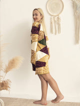 Handmade Patchwork Boho Dress Bell Sleeves 100% Pre-Washed Cotton Brown Beige Tone