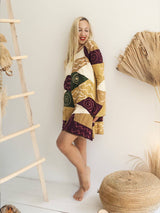 Handmade Patchwork Boho Dress Bell Sleeves 100% Pre-Washed Cotton Brown Beige Tone