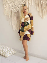 Handmade Patchwork Boho Dress Bell Sleeves 100% Pre-Washed Cotton Brown Beige Tone