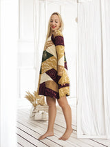 Handmade Patchwork Boho Dress Bell Sleeves 100% Pre-Washed Cotton Brown Beige Tone